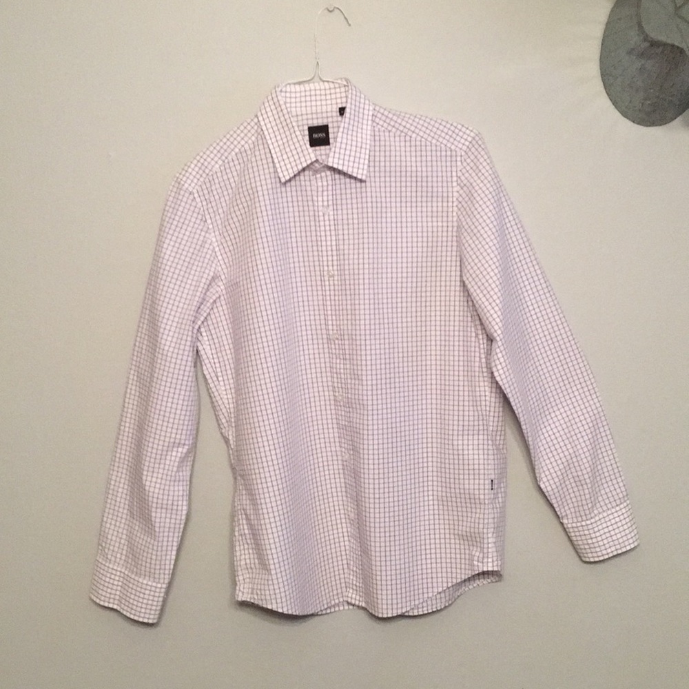 Hugo Boss purple/white checkered dress shirt.